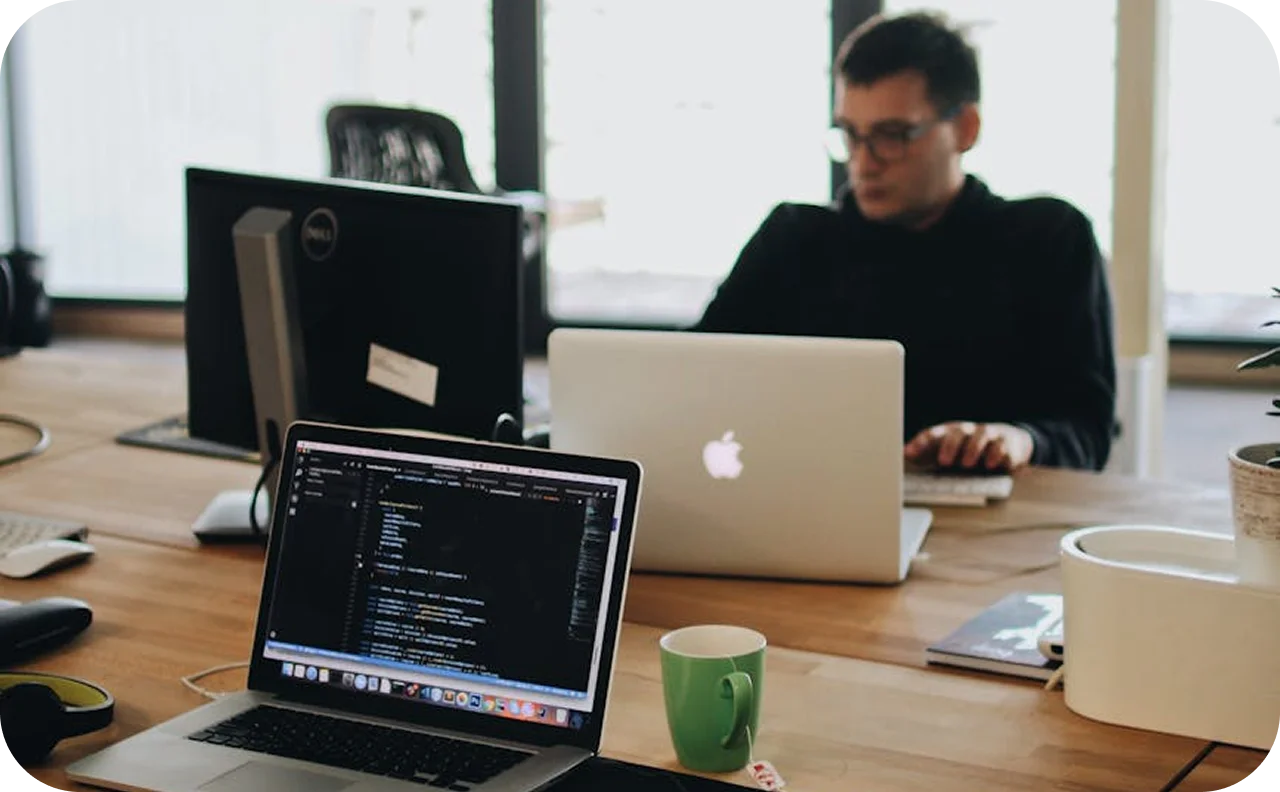 Professional working with city view