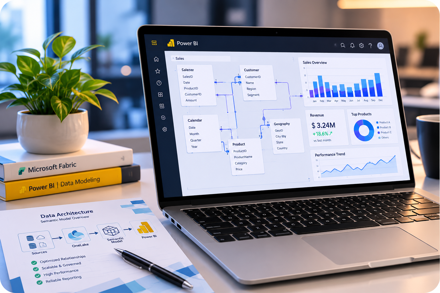 Power BI semantic data model and analytics dashboard on a laptop