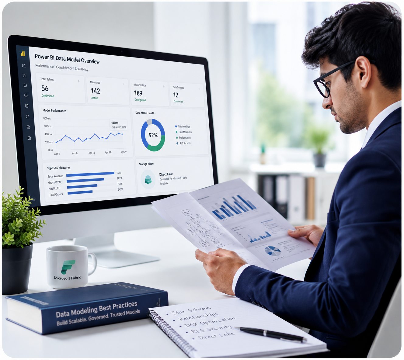 Consultant reviewing a Power BI semantic model and Direct Lake performance